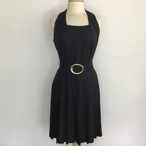 Vintage 90’s Gillian Black Silk Halter neck. Pleated skirt selfbelted dress 8
